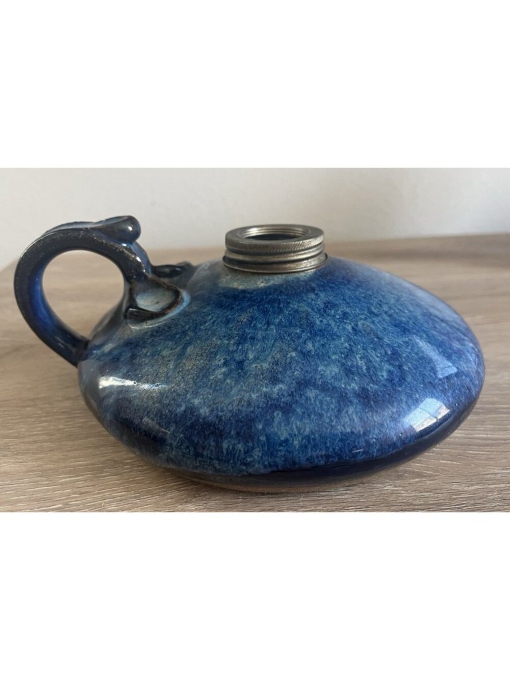 Vtg Studio Art Pottery Oil Lamp Blue Drip Glaze Chamberstick Hand Thrown Base
